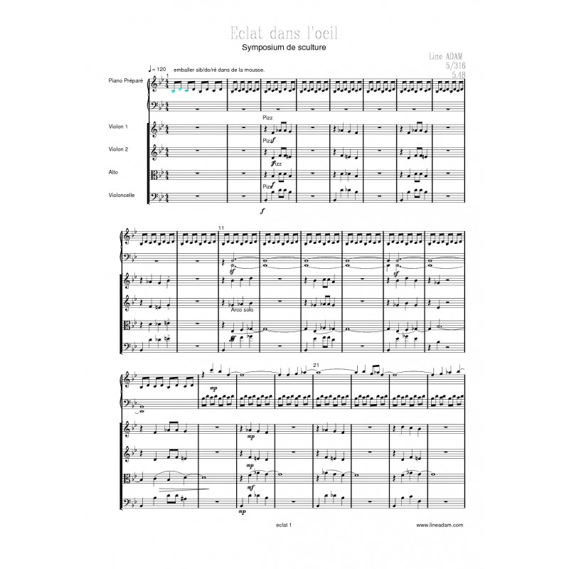 ECLAT DANS L'OEIL partition: quatuor à cordes piano