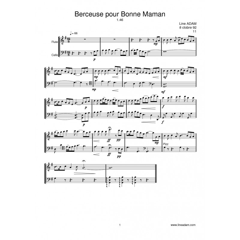 BERCEUSE POUR BONNE MAMAN partition: 1 flûte 1 violoncelle
